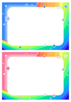 Frame with rainbow, sky and stars in cartoon style background for children`s announcements, photos, diploma, certificate, coupon. in two versions for a boy and a girl