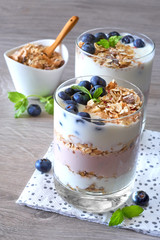 Healthy breakfast - yogurt with blueberries and muesli served in glasses
