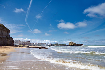 Biarritz city and its famous sand beaches - Miramar and La Grande Plage with ocean waves , Bay of...