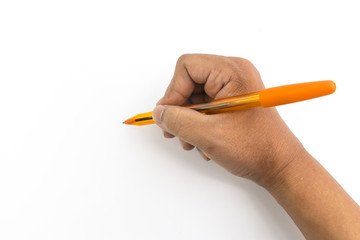 Hand of man is writing isolated