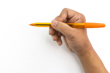 Hand of man is writing isolated