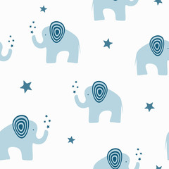 Repeated cute elephants with stars. Cartoon seamless pattern. Endless print for children.