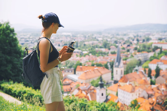Beautiful woman on background of Ljubljana City, Slovenia. Travel Europe