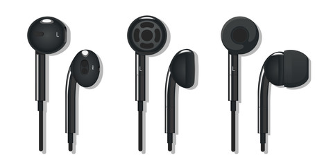 A set of black headphones on a white background, with different sides. Different stereo headphones. Modern headphones of different types. Vector ESP 10