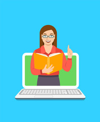 Online education concept. Young woman teacher holds open book and lifts a finger up to share knowledge. Cartoon vector illustration. Distance learning by computer. Virtual library on internet