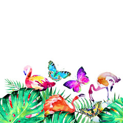 Fototapeta na wymiar Hawaiian flowers, butterflies, watercolor, exotic plants, isolated on a white