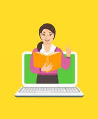 Online education concept. Young asian woman teacher holds open book and lifts a finger up to share knowledge. Cartoon vector illustration. Distance learning by computer. Virtual library on internet