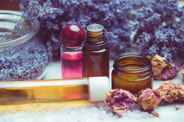 Obraz na płótnie Canvas lavender body care products. Aromatherapy, spa and natural healthcare concept