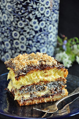 A square piece of biscuit with cream and poppy seeds