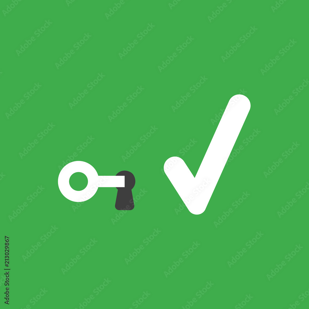 Poster vector icon concept of key into keyhole with check mark on green background