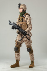 Soldier in camouflage holding rifle