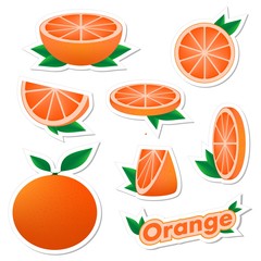 Set stickers of fresh citrus sliced and whole orange fruit with skin with green leaves on a white background. The concept of healthy eating. 