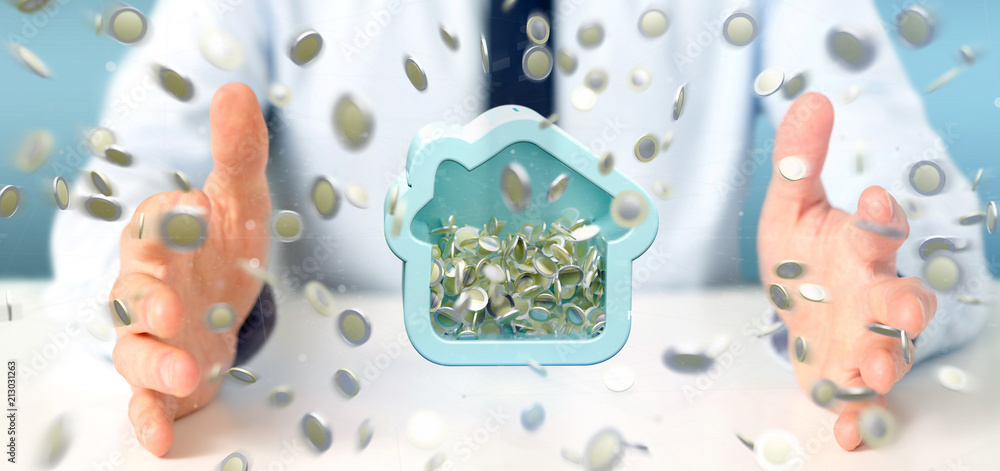 Poster man holding a house moneybox with coin surrounding all over 3d rendering