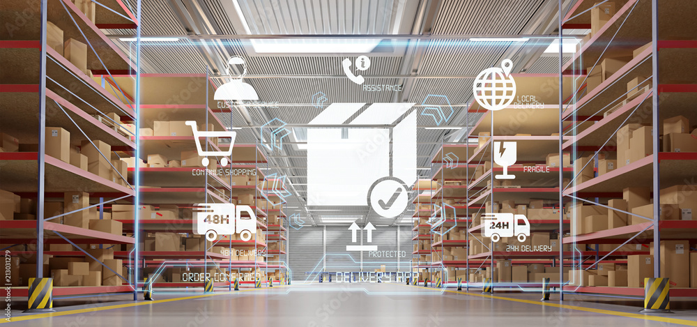 Poster logistic delivery service application on a warehouse background 3d rendering