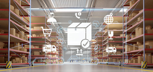 Logistic delivery service application on a warehouse background 3d rendering