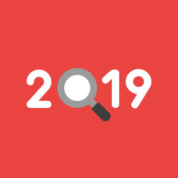 Vector icon concept of year of 2019 with magnifying glass on red background
