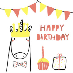 Hand drawn birthday card with cute funny unicorn in a crown, bunting, present, cupcake, lettering quote. Isolated objects. Line drawing. Vector illustration. Design concept for children print.