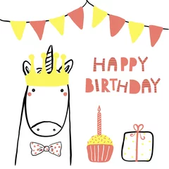 Keuken spatwand met foto Hand drawn birthday card with cute funny unicorn in a crown, bunting, present, cupcake, lettering quote. Isolated objects. Line drawing. Vector illustration. Design concept for children print. © Maria Skrigan