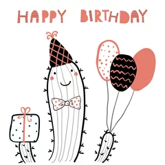 Wall murals Illustrations Hand drawn birthday card with cute funny cactus in a party hat, balloons, present, lettering quote Happy birthday. Isolated objects. Line drawing. Vector illustration. Design concept children print.