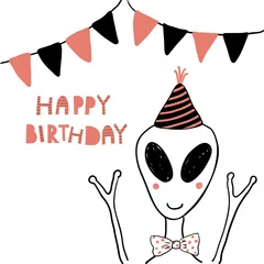 Foto op Aluminium Hand getekende verjaardagskaart met leuke grappige alien in een feestmuts, bunting, belettering citaat Happy birthday. Geïsoleerde objecten. Lijntekening. Vector illustratie. Ontwerpconcept voor kinderen afdrukken. © Maria Skrigan