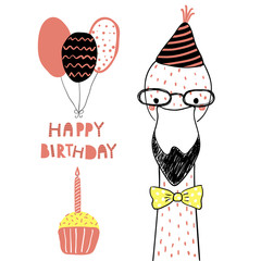 Hand drawn birthday card with cute funny flamingo in a party hat, balloons, cupcake, lettering quote Happy birthday. Isolated objects. Line drawing. Vector illustration. Design concept children print.