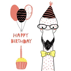 Keuken spatwand met foto Hand drawn birthday card with cute funny flamingo in a party hat, balloons, cupcake, lettering quote Happy birthday. Isolated objects. Line drawing. Vector illustration. Design concept children print. © Maria Skrigan