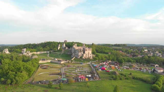 Aerial footage of a medieval castle in Ogrodzieniec, Poland.