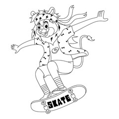 cartoon lion are playing skateboard with cool style in white background