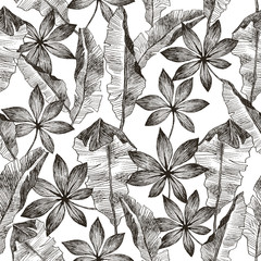 Tropic plants floral seamless jungle pattern. Print vector background of fashion summer wallpaper palm banana leaves in black and white gray style