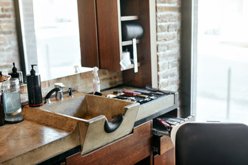 Barber Shop Interior. Men Beauty Hair Salon Sink