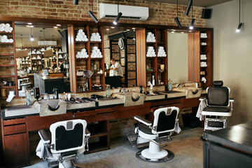 Barber Shop Interior. Men Beauty Hair Salon With Antique Chair - obrazy, fototapety, plakaty