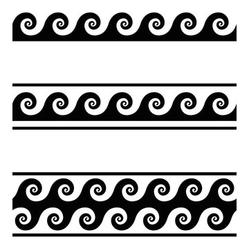 Running dog pattern, a seamless meander design over white. Continuous waves, shaped into a repeated motif. Scroll pattern, used as decorative border. Also Vitruvian wave or Vitruvian scroll. Vector.