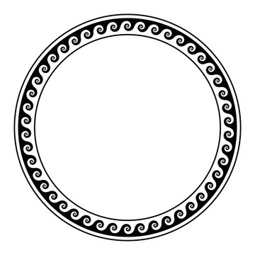 Circle frame, made with running dog pattern. Seamless meander design over white. Waves shaped into repeated motif. Scroll pattern, used as decorative border. Vitruvian wave or Vitruvian scroll. Vector