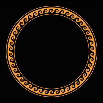 Ring with seamless running dog pattern. Ocher colored meander design over black. Waves shaped into repeated motif. Scroll pattern used as decorative border. Vitruvian wave or Vitruvian scroll. Vector