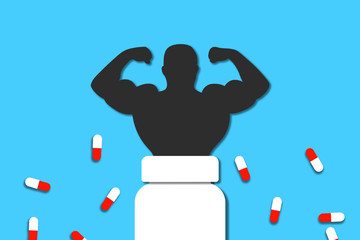 Bodybuilder from dark colored paper and bottles of white paper o