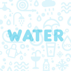 Water icons background. Translucent word water. Vector illustration, flat design