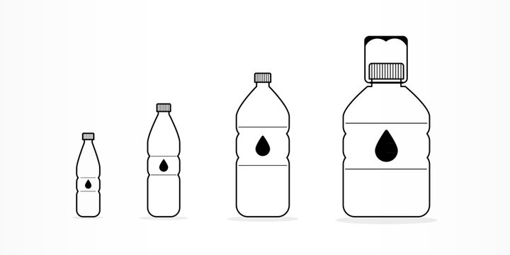 Plastic bottles with water icon set. Different sizes. Black outline. Vector illustration, flat design