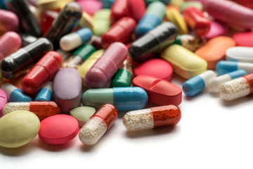 Pharmacy theme. Multicolored Isolated Pills and Capsules.