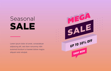 Sale banner template design. Web banner with neon light and modern 3d isometric infographic for your site. Isometric gradient style. Home page concept.