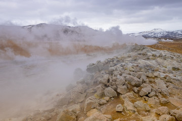 Hot springs and fumaroles in Hverir near Myvatn Lake in Iceland