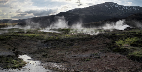 Hot water is vaporing in the Grand Geyser area