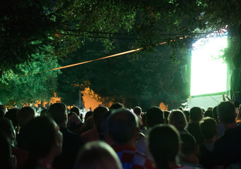 Football fans in fanzone watching football.