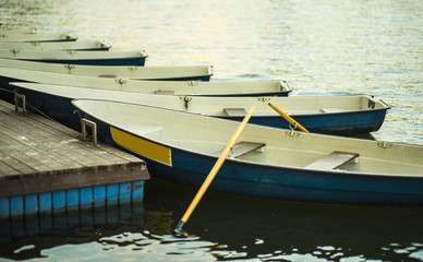 Hand Boats and slip construction in Braies lake with crystal water in river