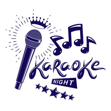 Karaoke night and nightclub discotheque vector invitation leaflet created with stage microphone with royal crown and musical notes.