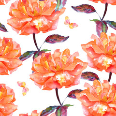 Seamless pattern with watercolor roses and butterflies on white