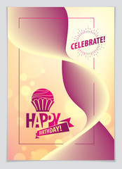 Birthday joyful and bright vector greeting card. Includes lettering composition and balloons combined with wavy fluid colorful shape abstract background.
