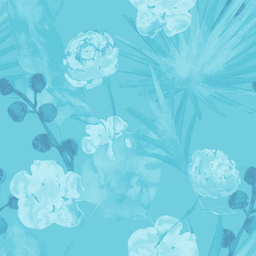Contrast Turquoise Blue Retro Exotic Floral Watercolour Seamless Pattern. Tender Female Fabric Background with Banana, Fan Leaves, Roses. Painted Floral Watercolour Seamless Pattern Tropical Print.