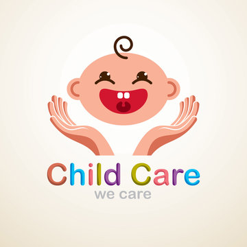 Cute baby cartoon vector flat icon, adorable happy and smiling child emoji. With mother or nanny tender hands of care. Can be used as a logo.
