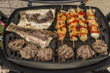 Fish, chicken skewers and meatball on the grill 