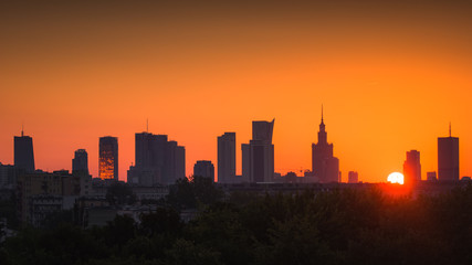 Panorama of skyscrapers in the center of Warsaw at sunrise, Poland